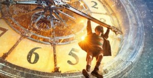 Hugo hanging from clock